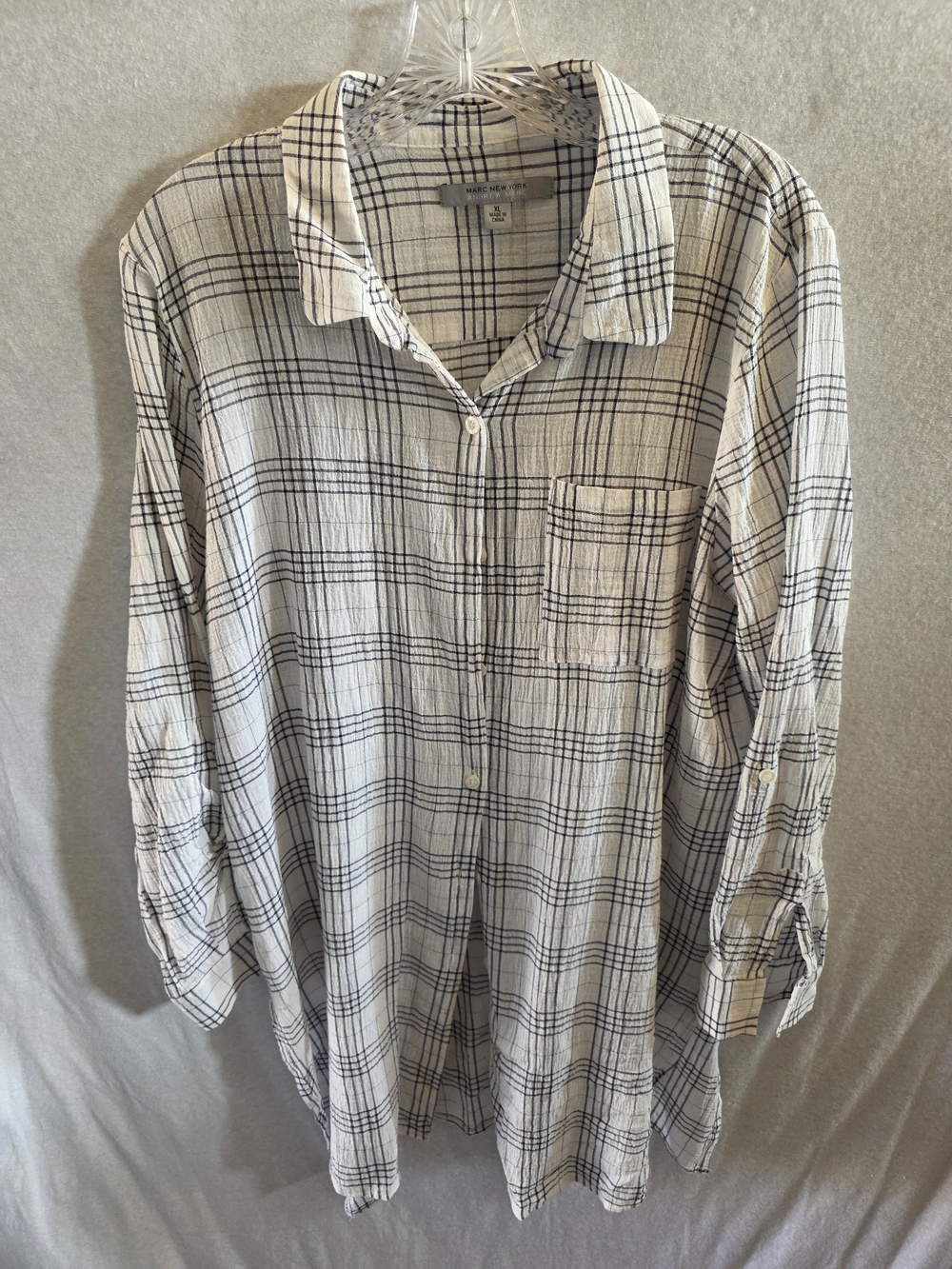 Marc New York Cream Button-Down Plaid Shirt with Black Grid